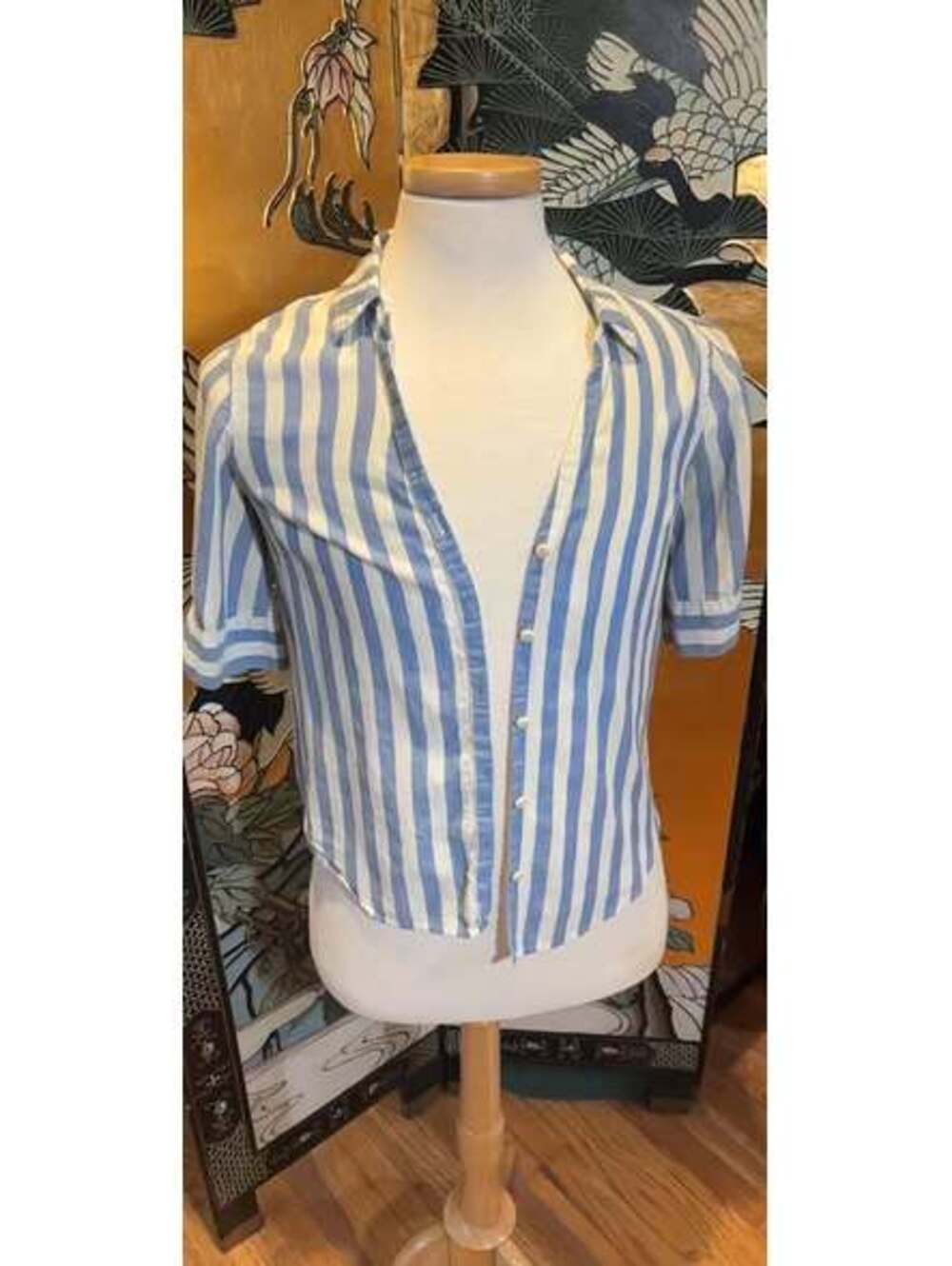 Blue White Striped Short Sleeve Button Up Shirt